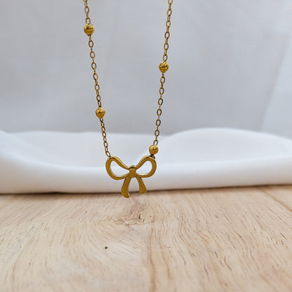 18k Gold Plated Bow Pendant with Beaded Chain for Women & Girls