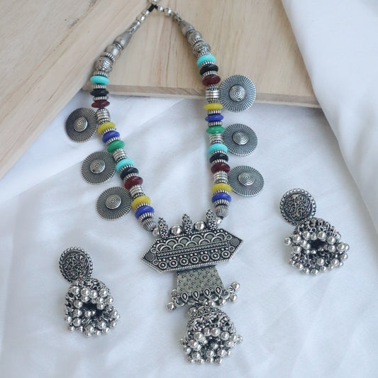 Boho-Chic Ethnic Beaded Necklace & Jhumka Earrings Set