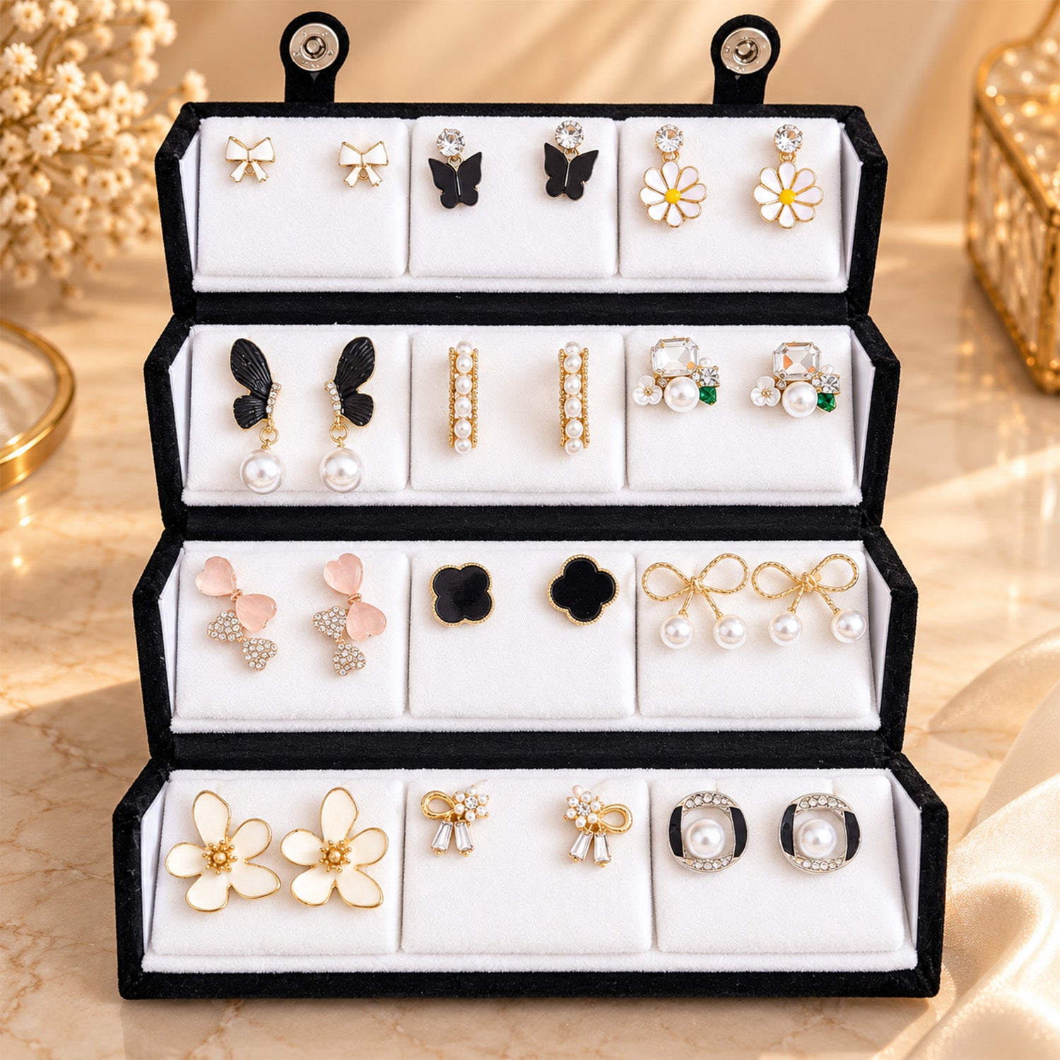12 Pairs Assorted Pearl Floral Earrings Set for Women