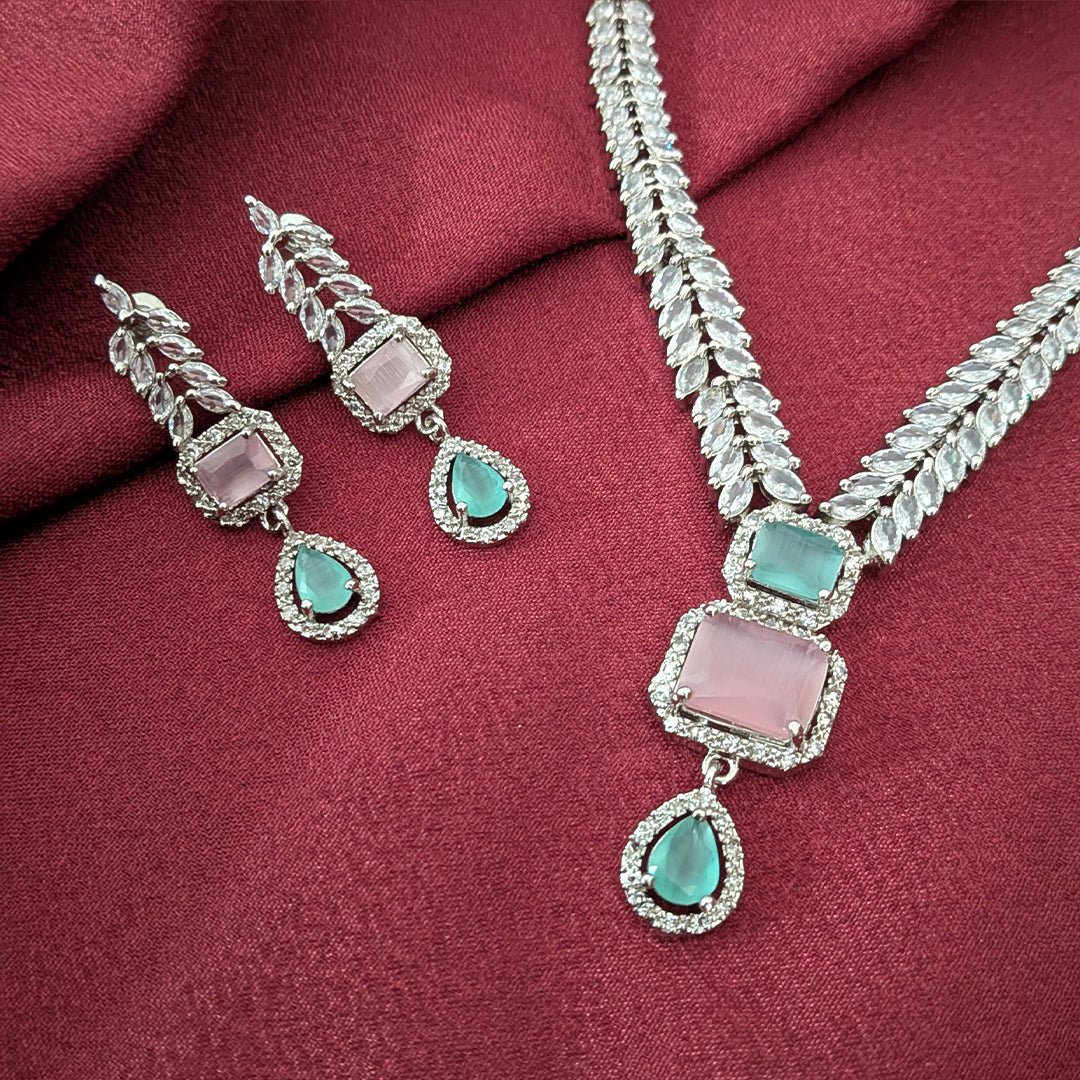 AD Luxe Square & Teardrop Gemstone Necklace With Matching Earrings For Women