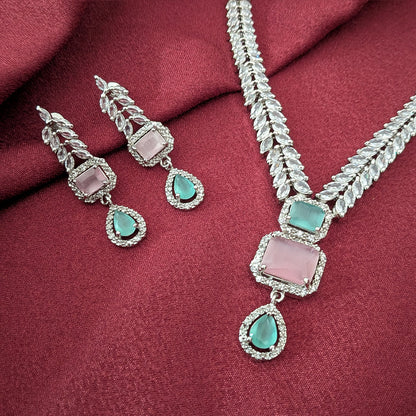 AD Luxe Square & Teardrop Gemstone Necklace With Matching Earrings For Women
