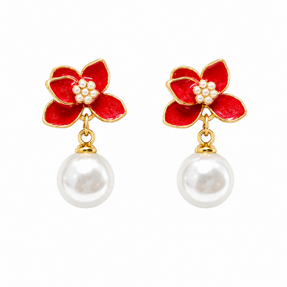 Stylish Vibrant Enamel Petals Pearl Drop Earrings For Girls & Women