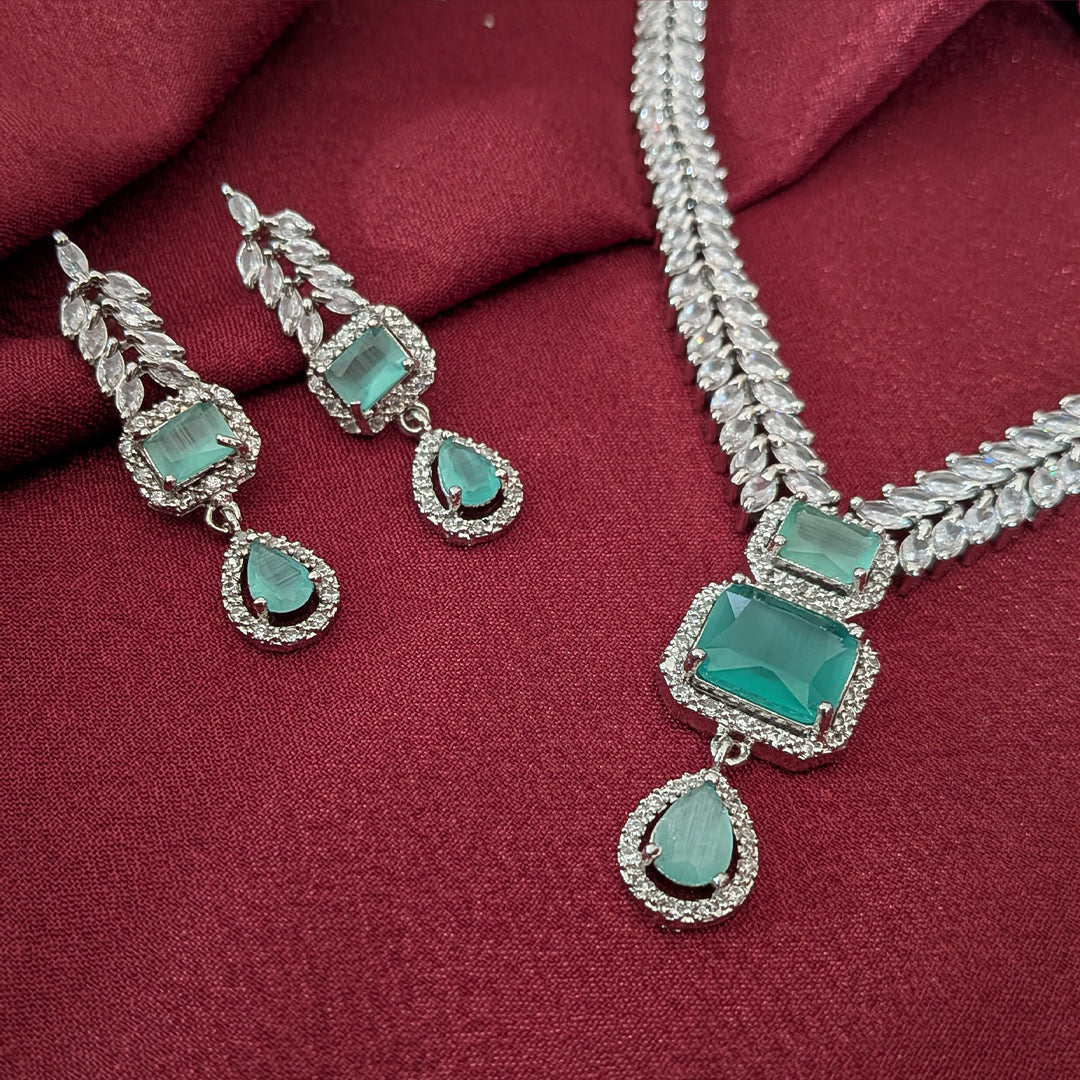 AD Luxe Square & Teardrop Gemstone Necklace With Matching Earrings For Women