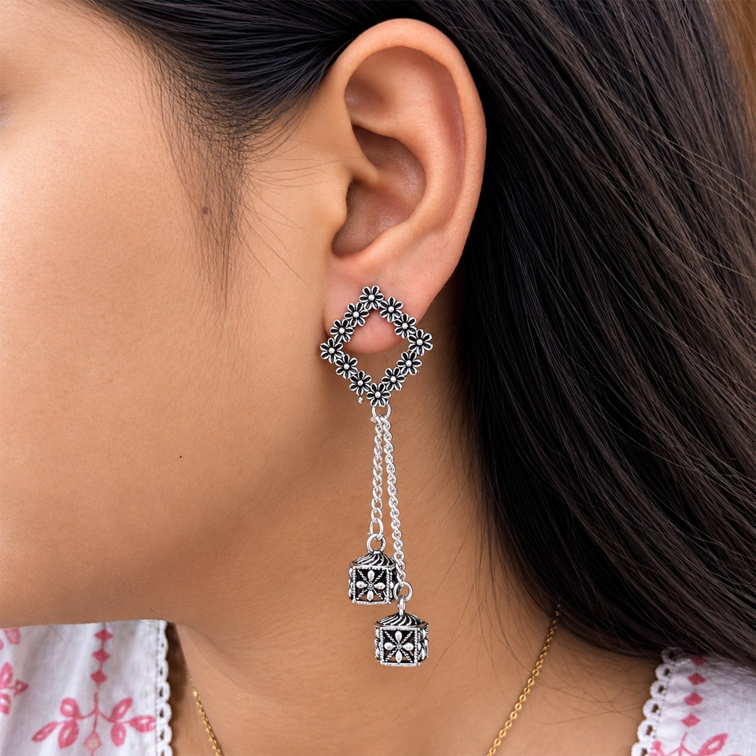 Oxidized Silver Floral Chain Earrings for Women
