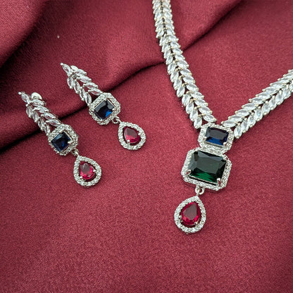AD Luxe Square & Teardrop Gemstone Necklace With Matching Earrings For Women
