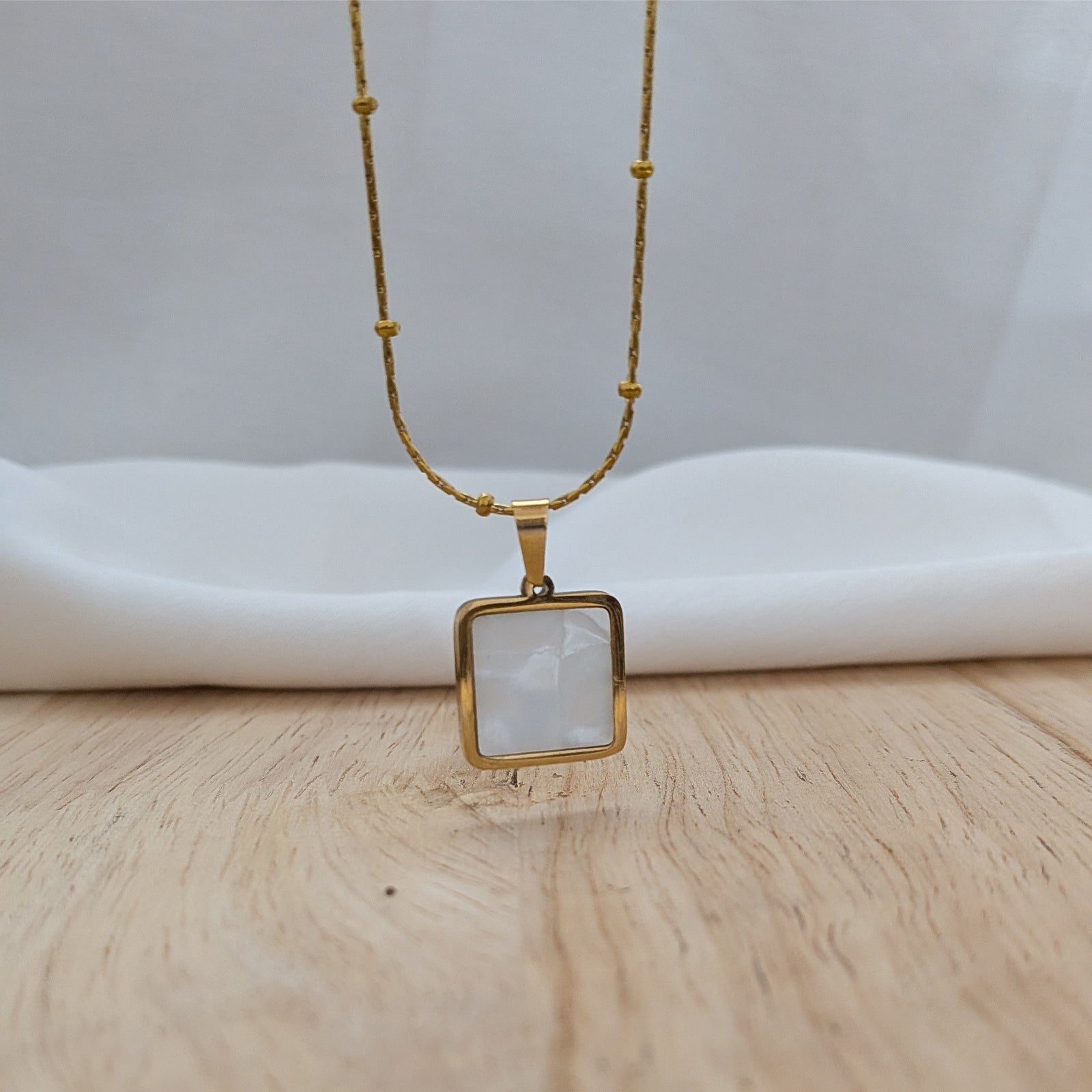 18k Gold Plated Square Charm Pendant with Beaded Chain for Women & Girls