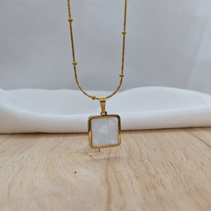 18k Gold Plated Square Charm Pendant with Beaded Chain for Women & Girls