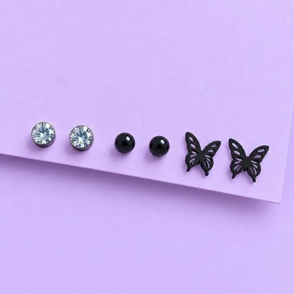 Black Butterfly Alloy Stud Earrings Set for Girls & Women