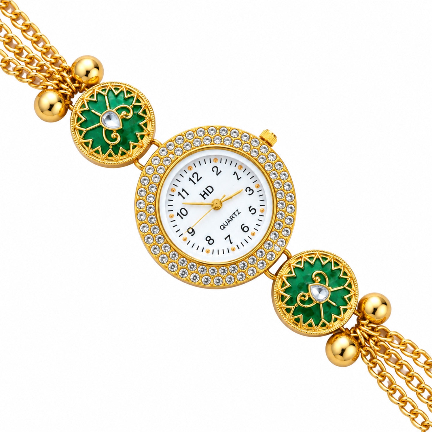 Gold Tone Crystal Dial Kashmiri Watch with Floral Pearl Charms