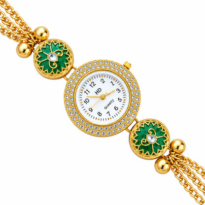 Gold Tone Crystal Dial Kashmiri Watch with Floral Pearl Charms
