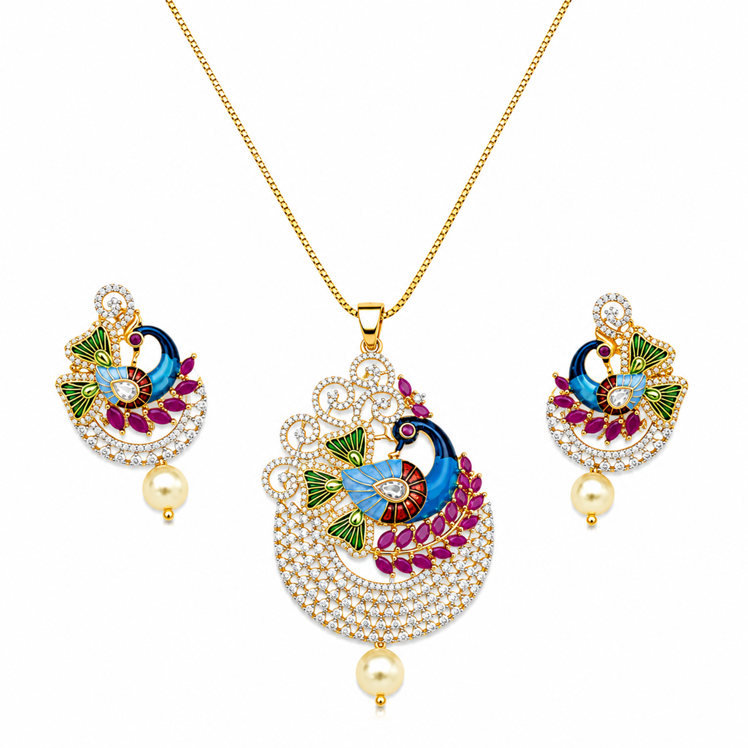 Peacock Majesty AD Stone Pendant Set for Girls & Women's