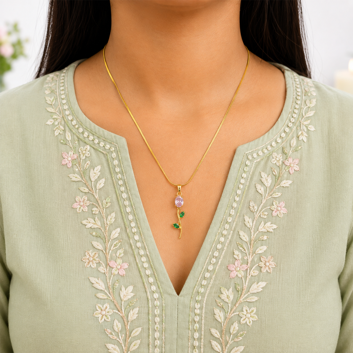 Tulip Teardrop Two Leaf Flower Pendant Necklace For Girls & Women's