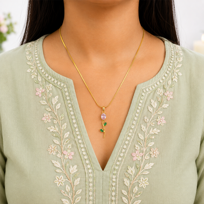 Tulip Teardrop Two Leaf Flower Pendant Necklace For Girls & Women's