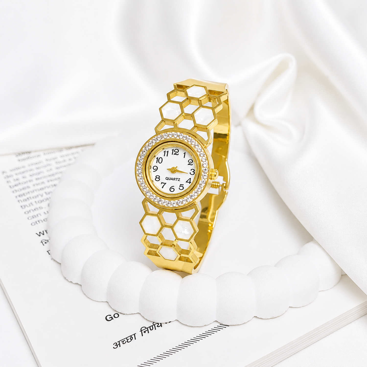 Modern Honeycomb Design AD Studded Band Bracelet Watch For Girls & Women