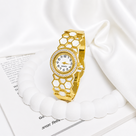 Modern Honeycomb Design AD Studded Band Bracelet Watch For Girls & Women