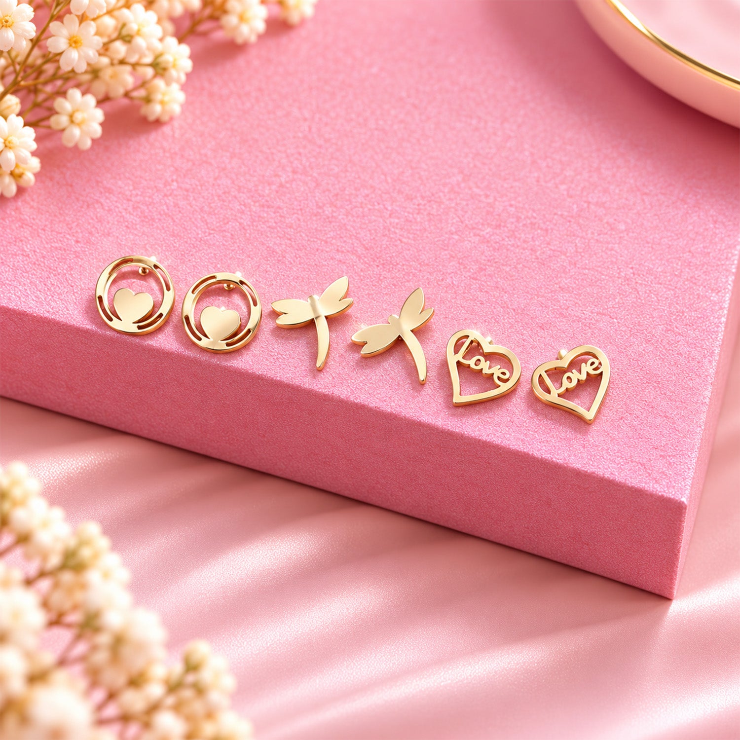 Stainless Steel Two Love Stud Earrings Set for Girls & Women