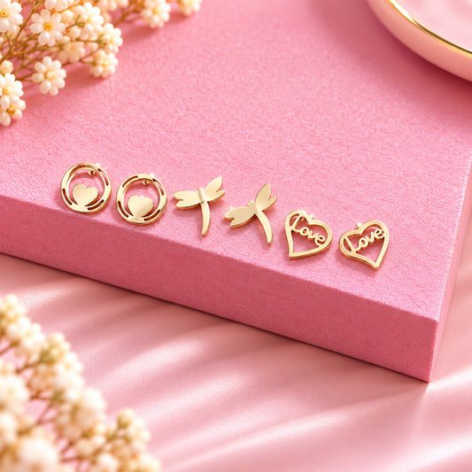 Stainless Steel Two Love Stud Earrings Set for Girls & Women