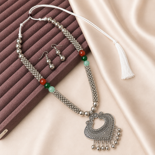 Oxidized Silver Flask Multi Beads Pendant Set for Girls & Women
