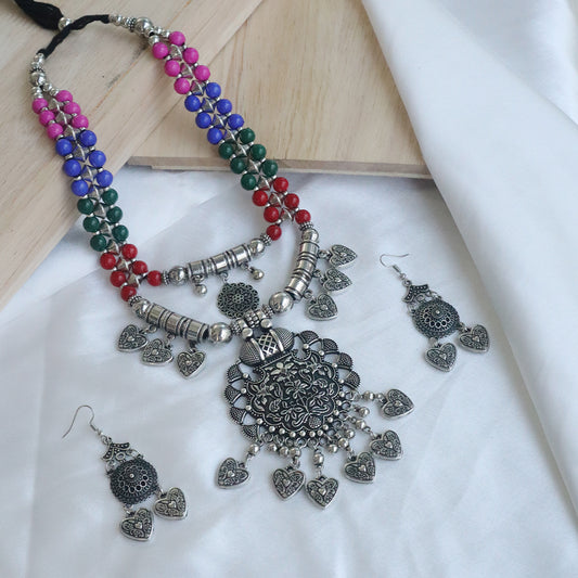 Traditional Ethnic Silver-Studded Necklace with Beaded Braided Cord