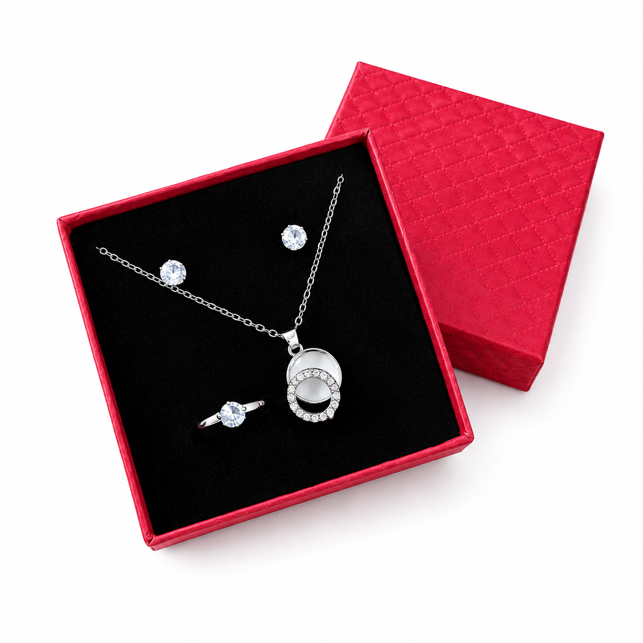 Silver-Tone Round Crystal-Style Stone Gift Set with Red Gift Box for Women