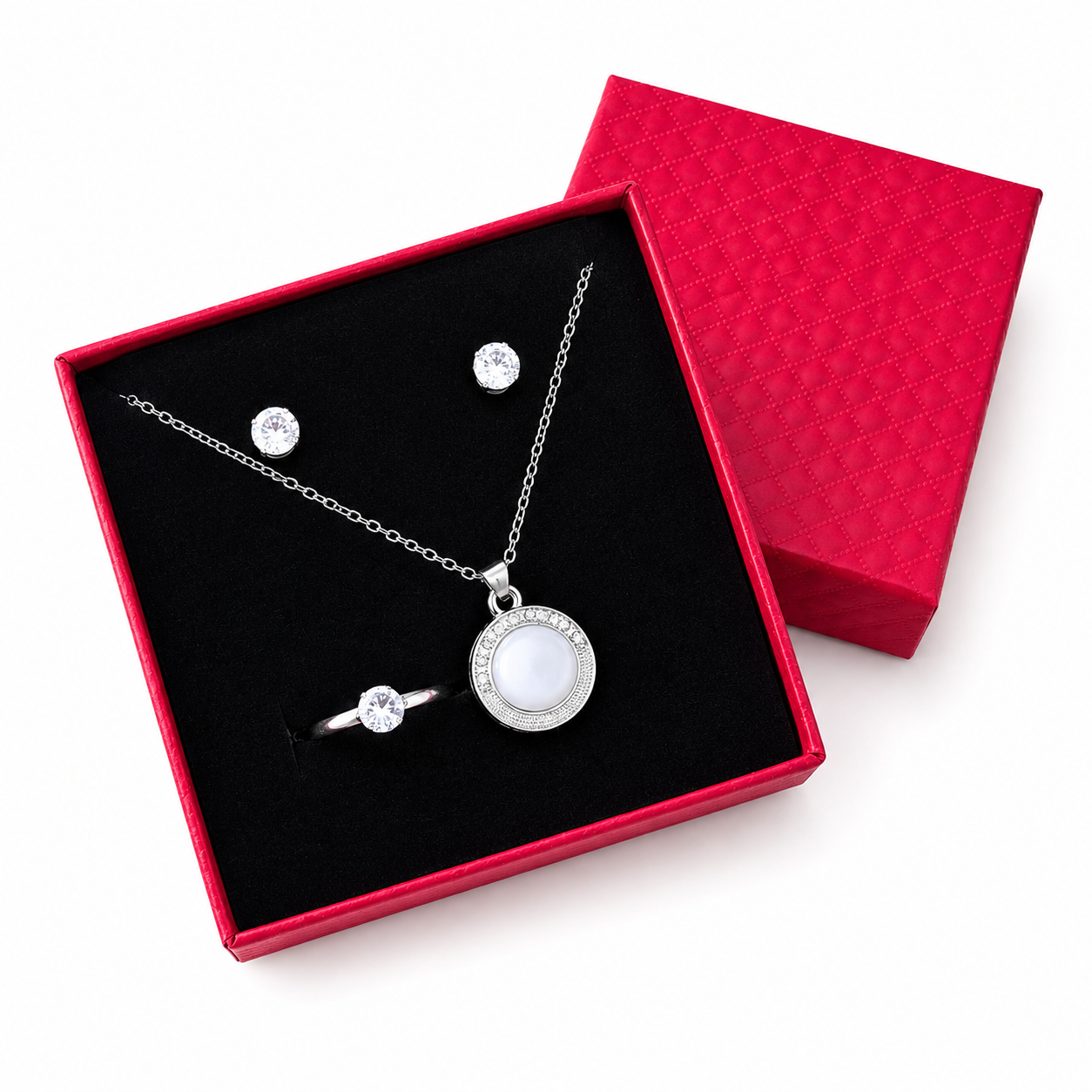 Women’s Round Crystal-Style Silver-Tone Jewelry Set with Red Gift Box