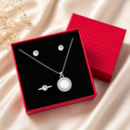 Women’s Round Crystal-Style Silver-Tone Jewelry Set with Red Gift Box