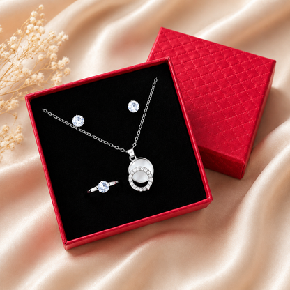 Silver-Tone Round Crystal-Style Stone Gift Set with Red Gift Box for Women