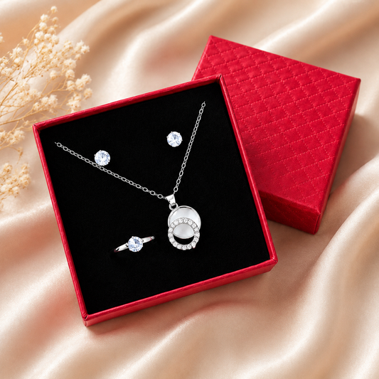Silver-Tone Round Crystal-Style Stone Gift Set with Red Gift Box for Women