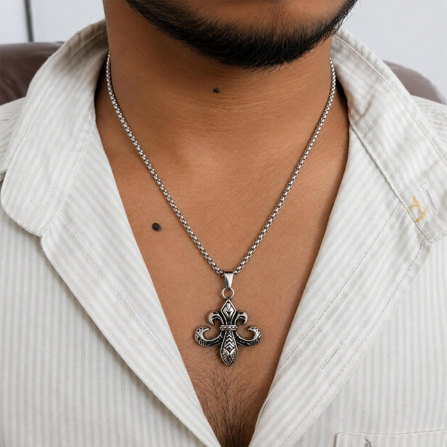 Ancient Fleur de Lis Two-Sided Stainless Steel Pendant Chain For Men & Boys