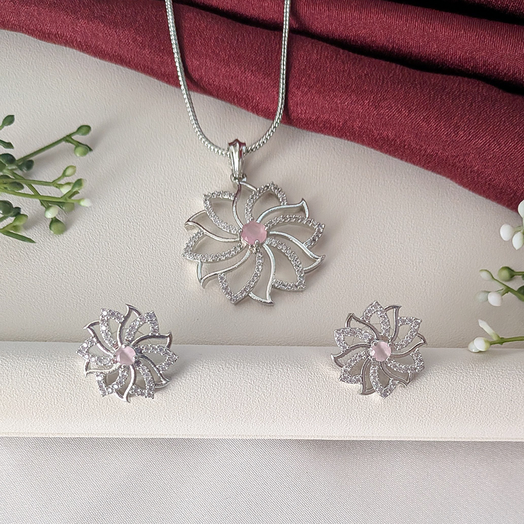 Classic Silver American Diamond Pendant Set