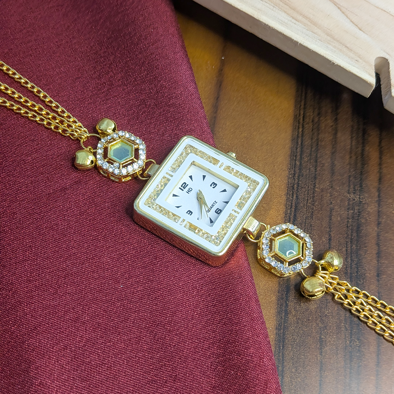 Gold Plated Square Dial Kashimiri Watch with CZ Stone Details