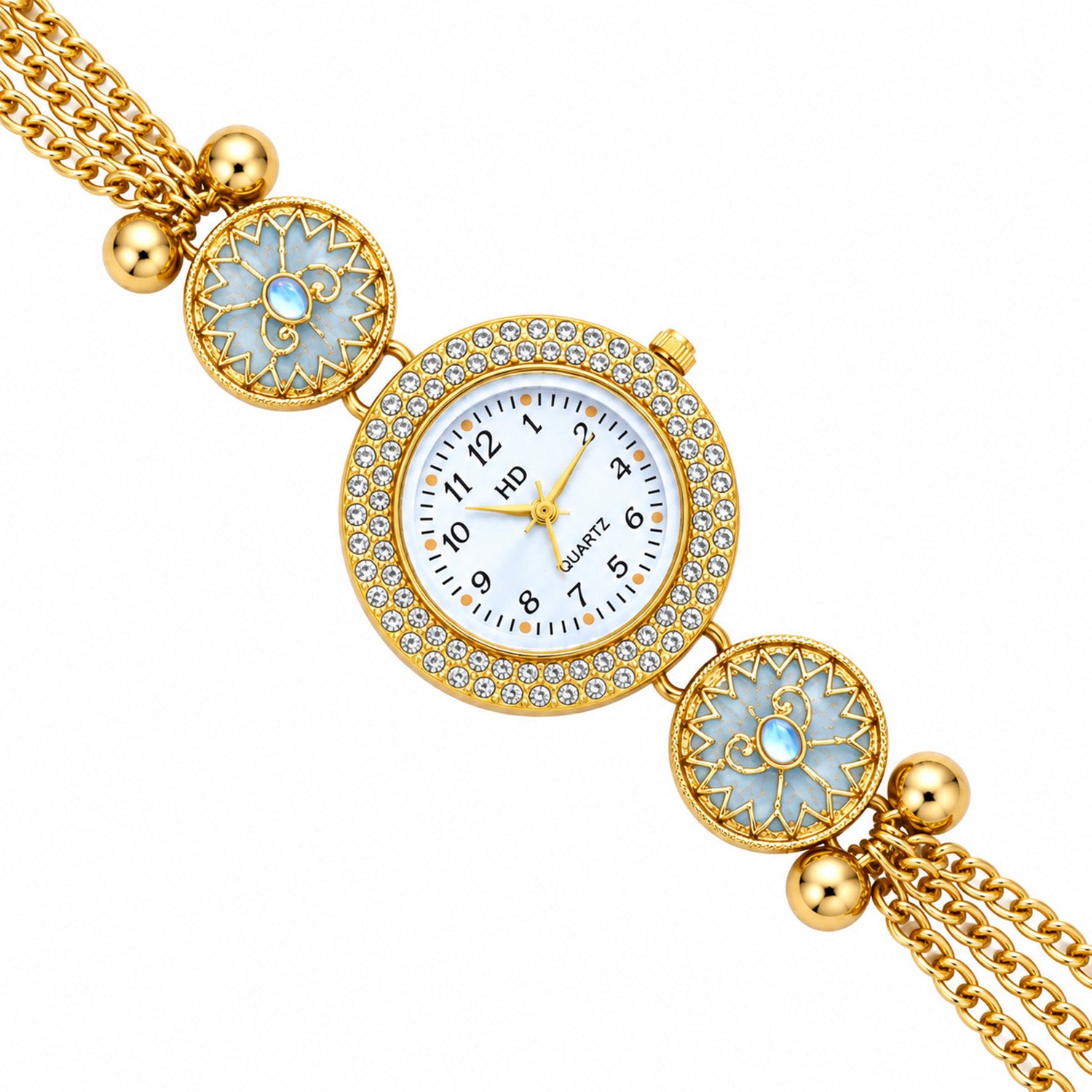 Gold Tone Crystal Dial Kashmiri Watch with Floral Pearl Charms