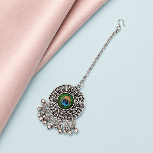Oxidized Silver Central Peacock Feather Maang Tikka for Girls & Women