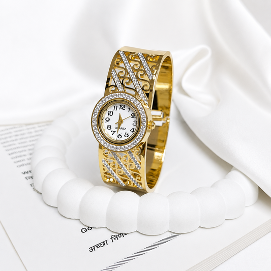 Traditional Intricate Cut-Out Design AD Studded Band Bracelet Watch For Girls & Women