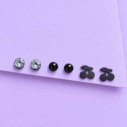 Black Cheery Alloy Stud Earrings Set for Girls & Women