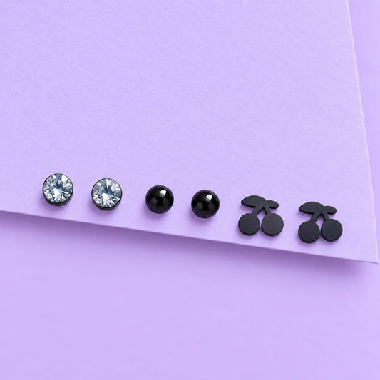Black Cheery Alloy Stud Earrings Set for Girls & Women