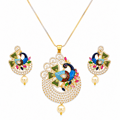 Peacock Majesty AD Stone Pendant Set for Girls & Women's