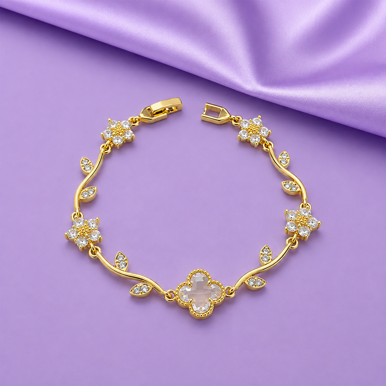 Elegant Gold Tone Floral Bracelet with CZ Stone for Women