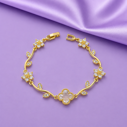 Elegant Gold Tone Floral Bracelet with CZ Stone for Women
