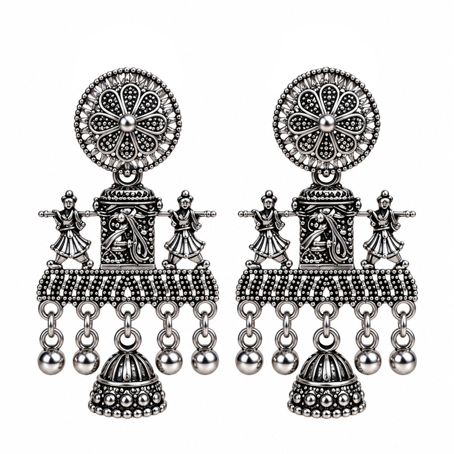 Oxidized Silver Dancing Idol Floral Jhumka Earrings for Women