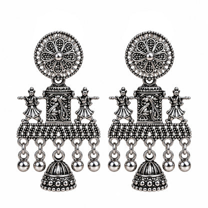 Oxidized Silver Dancing Idol Floral Jhumka Earrings for Women