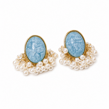 Oval Stone Pearl Stud Earrings with Pearl Tassel for Women & Girls