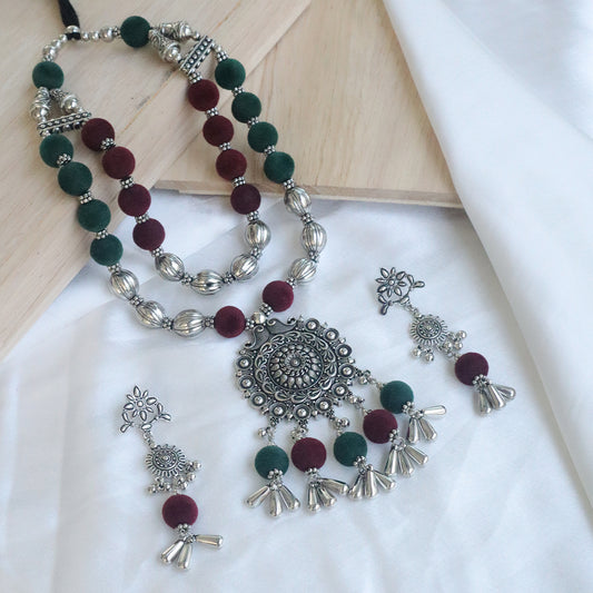 Dual Beaded Oxidized Necklace Set with Maroon & Bottle Green Velvet Beads(Navratri Special)