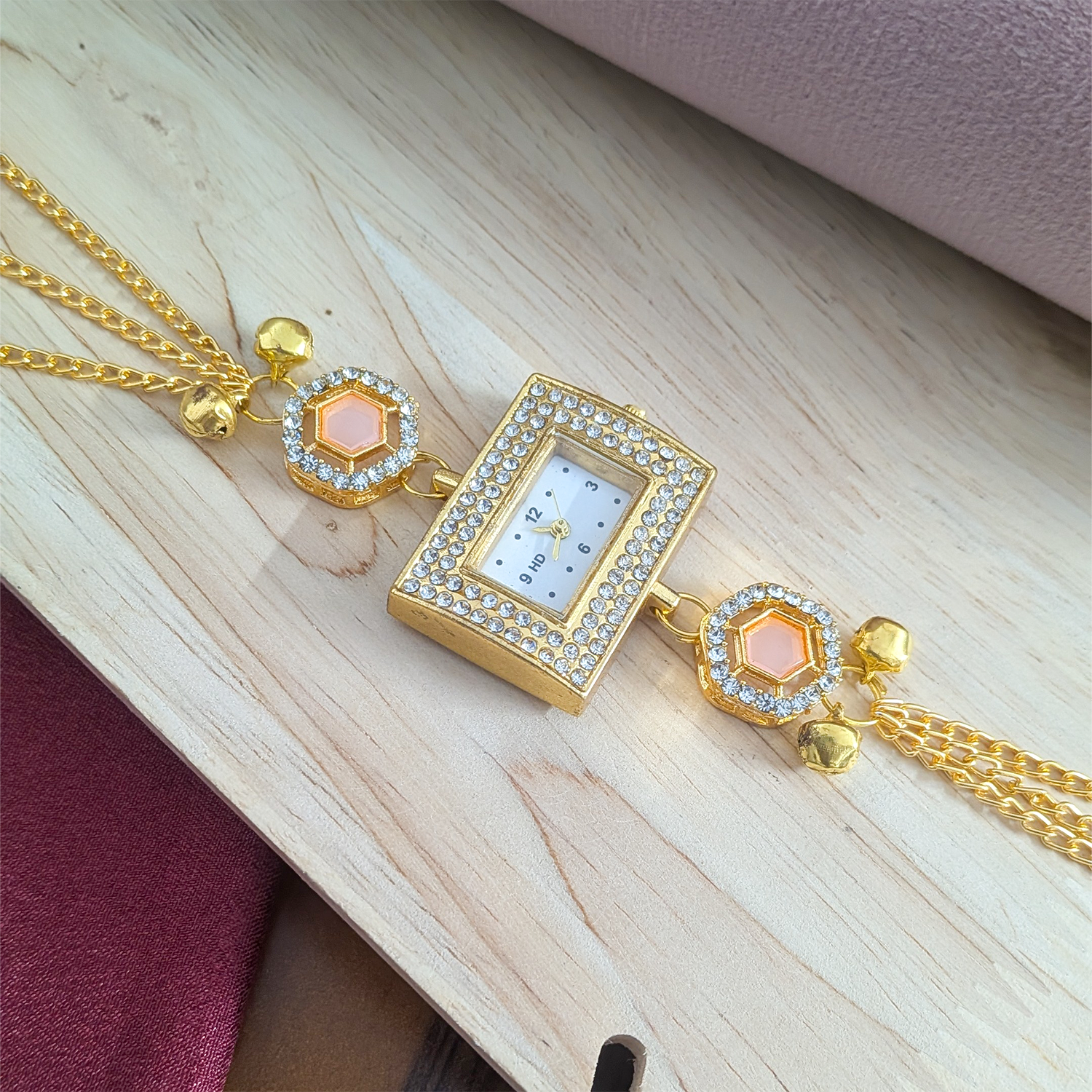 Gold Plated Crystal Stone Square Dial Kashmiri Watch for Girls & Women