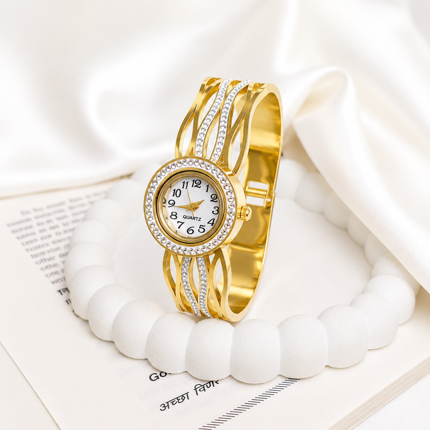Elegant Ocean Wave Design AD Studded Band Bracelet Watch For Girls & Women