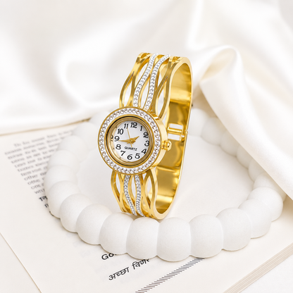 Elegant Ocean Wave Design AD Studded Band Bracelet Watch For Girls & Women