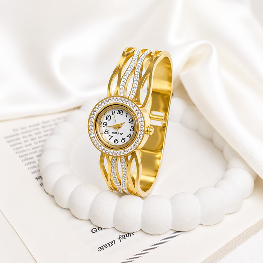 Elegant Ocean Wave Design AD Studded Band Bracelet Watch For Girls & Women
