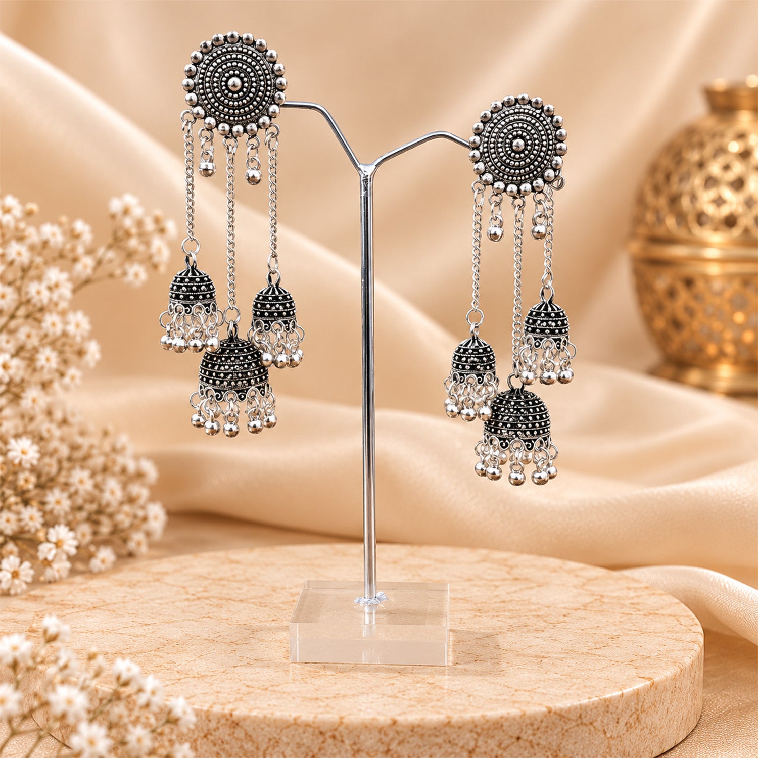 Oxidized Ghungroo Bead Fringes Earrings for Girls & Women's
