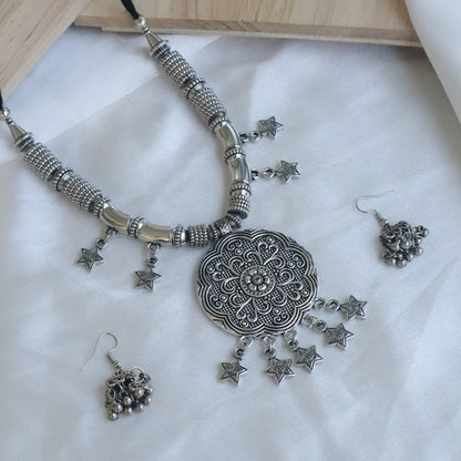 Oxidized Silver Tribal Necklace Set with Star Motifs With Black Thread Dori(Navratri Special)