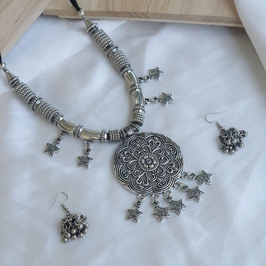 Oxidized Silver Tribal Necklace Set with Star Motifs With Black Thread Dori(Navratri Special)